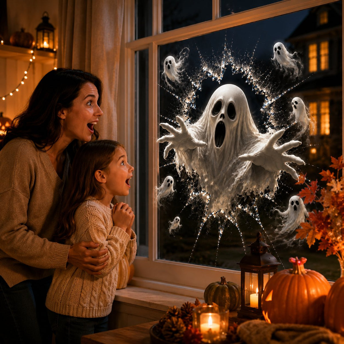 Halloweenské samolepky na okno 2026 – 🎃🔥 Strašidelné 3D dekorace s efektem popraskaného skla pro dokonalou atmosféru domu hrůzy