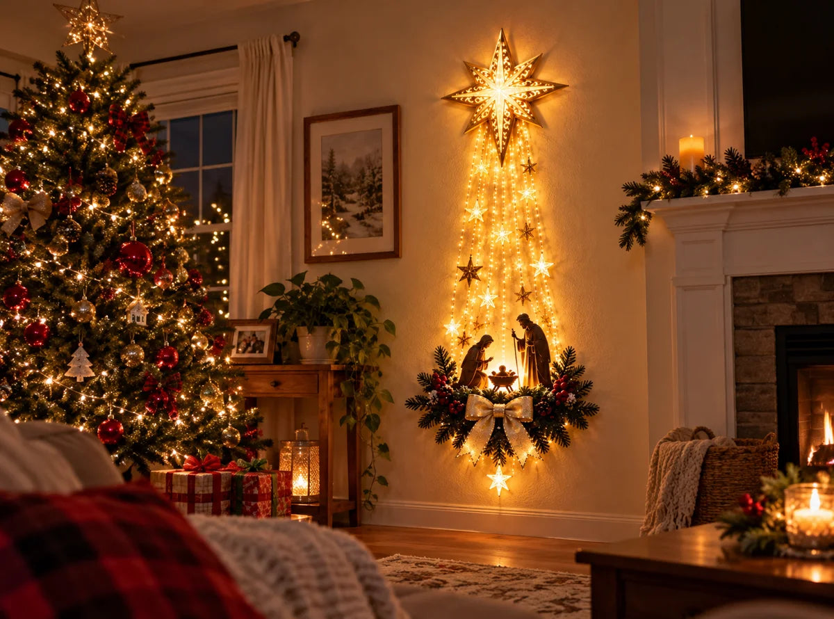 Nativity wall display glowing beside seasonal greenery
