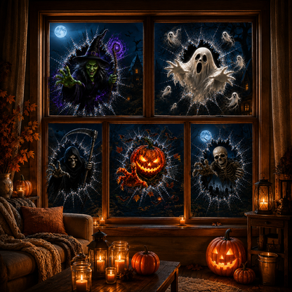 Halloweenské samolepky na okno 2026 – 🎃🔥 Strašidelné 3D dekorace s efektem popraskaného skla pro dokonalou atmosféru domu hrůzy