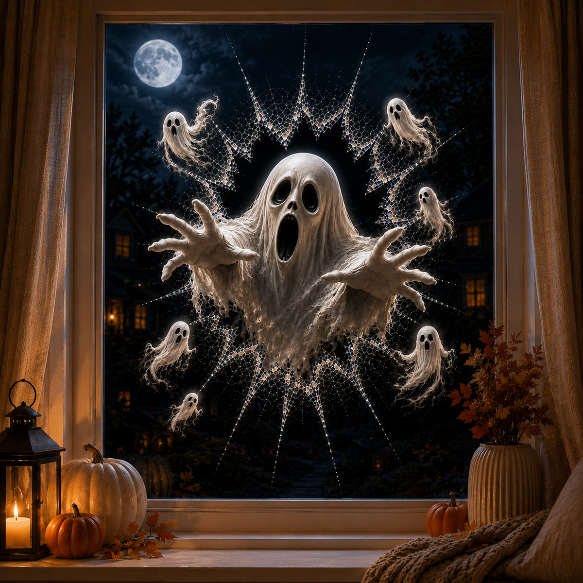 Halloweenské samolepky na okno 2026 – 🎃🔥 Strašidelné 3D dekorace s efektem popraskaného skla pro dokonalou atmosféru domu hrůzy