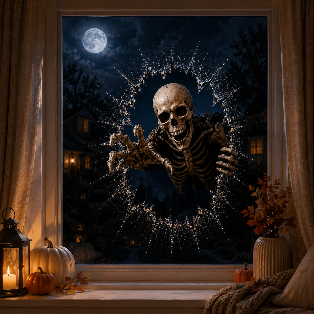 Halloweenské samolepky na okno 2026 – 🎃🔥 Strašidelné 3D dekorace s efektem popraskaného skla pro dokonalou atmosféru domu hrůzy