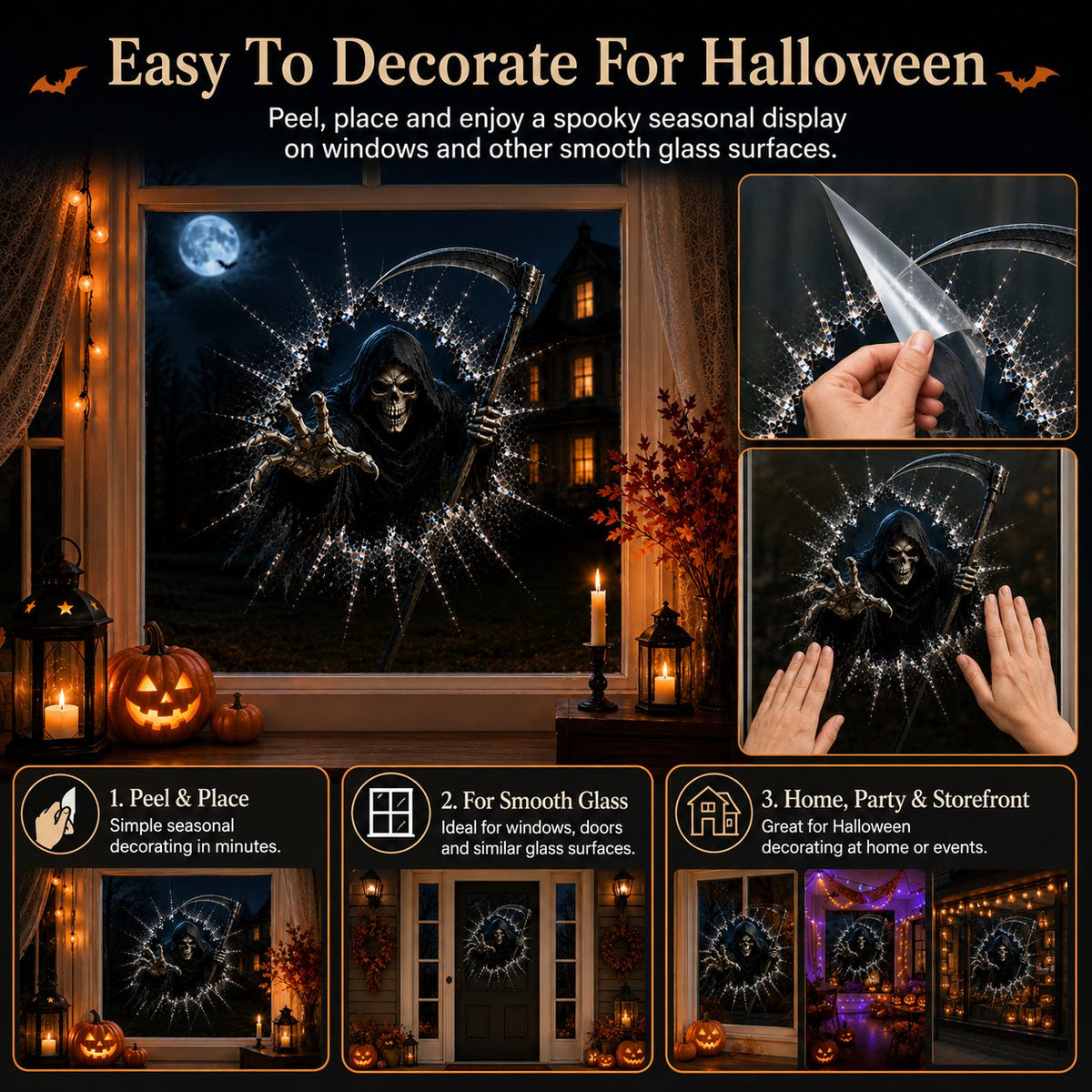 Halloweenské samolepky na okno 2026 – 🎃🔥 Strašidelné 3D dekorace s efektem popraskaného skla pro dokonalou atmosféru domu hrůzy