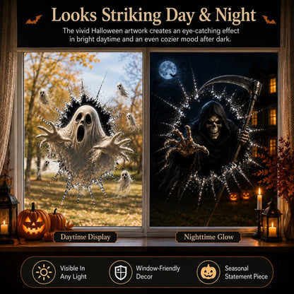 Halloweenské samolepky na okno 2026 – 🎃🔥 Strašidelné 3D dekorace s efektem popraskaného skla pro dokonalou atmosféru domu hrůzy